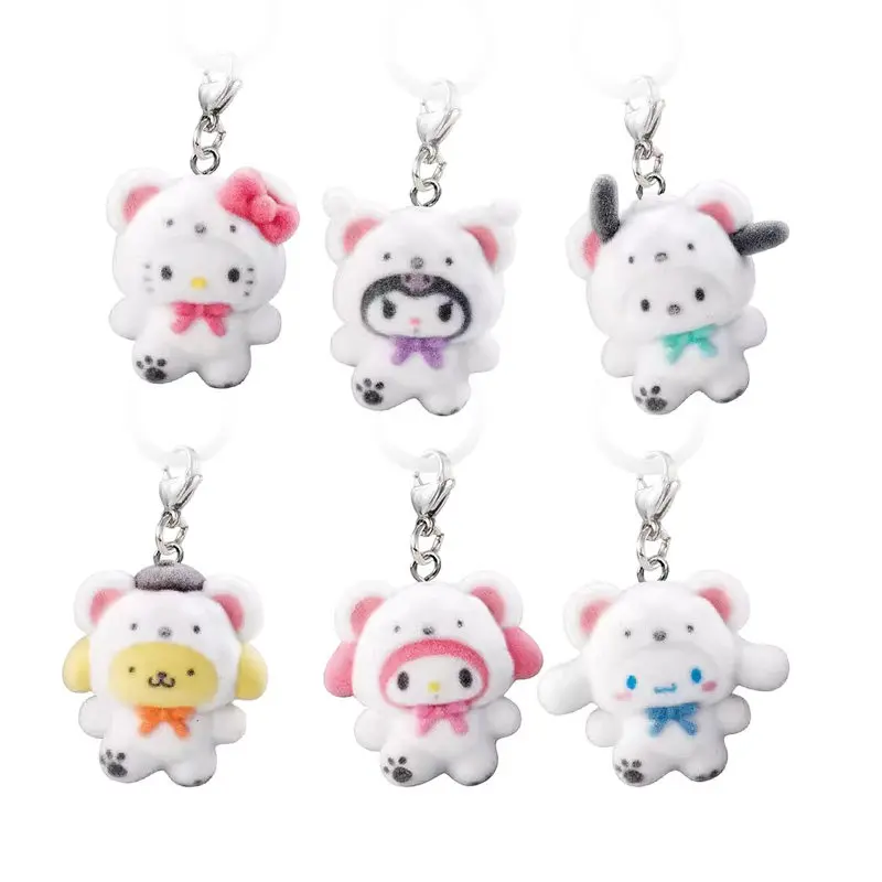 Bandai Sanrio Characters Snowman Shape Flocked Keychain Kuromi My Melody Hellokitty Cartoon Bag Hanging Charm Decoration Gifts