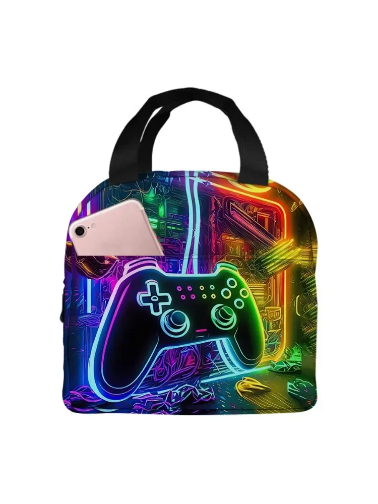 Sac à déjeuner isotherme portable pour enfants, motif manette de jeu 2D, idéal pour garçons et filles, cadeau parfait pour l'école et les pique-niques