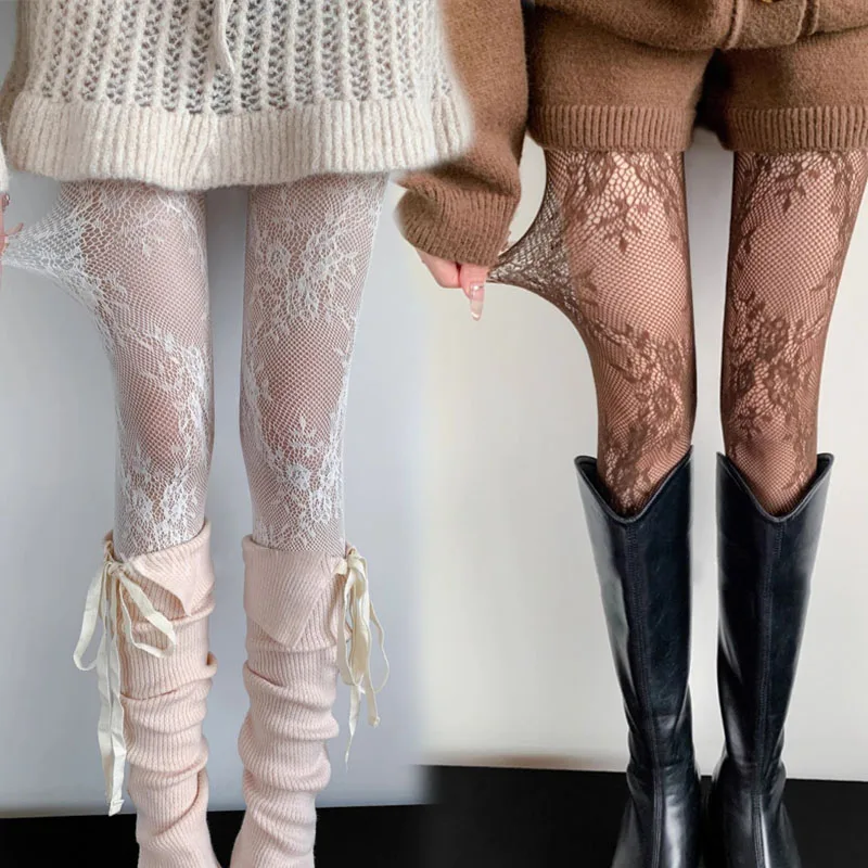 Maillard Hohle Blumenmuster Strumpfhosen für Frauen Vintage Y2K Lolita Spitze Netzstrumpfhose Anti Haken JK Mesh Leggings Strümpfe