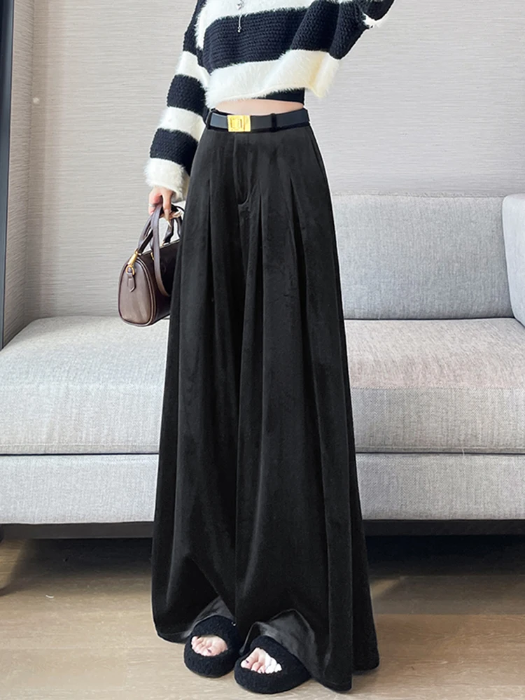 بنطلون نسائي واسع الساق من القطيفة الذهبية بخصر مرتفع وتصميم منسدل، سروال فضفاض بطول الأرض للخريف والشتاء، تصميم جديد أنيق