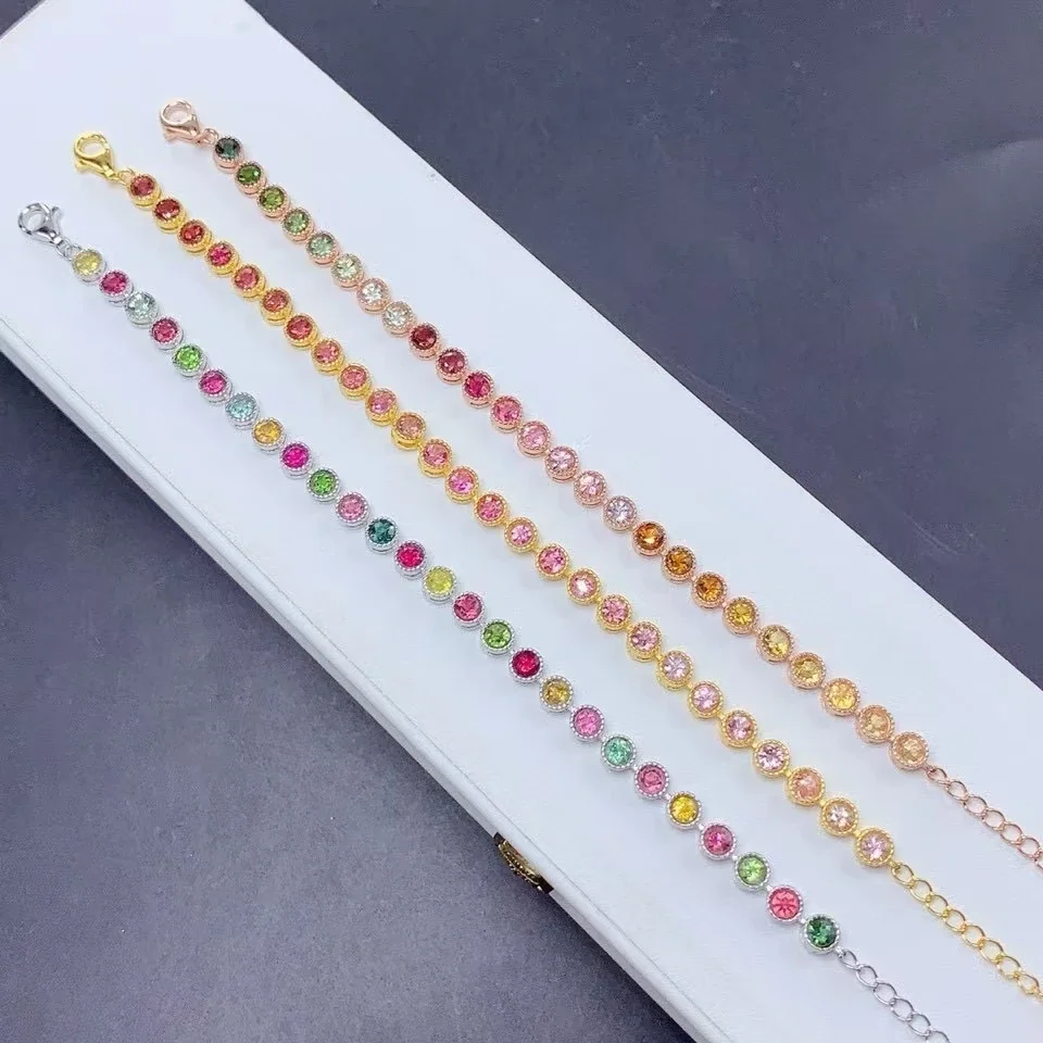 Multi-color Natural Tourmaline Bracelet for Girl 26 Pieces 3mm Genuine Tourmaline 925 Silver Bracelet with 18K Gold Plating