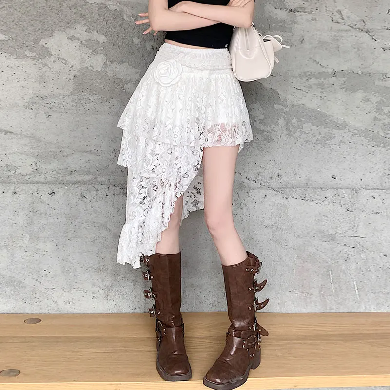 Sexy White Irregular Midi Skirt Women Fashion Black Lace Skirts Harajuku Elegant Design Style Elastic High Waist  A Line Skirt