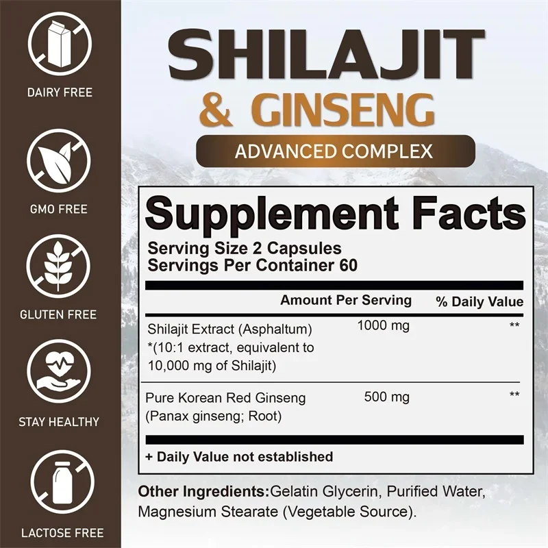 كبسولات Shilajit & Ginseng - توفر الطاقة والتحمل، وتعزز الدماغ والذاكرة ودعم المناعة