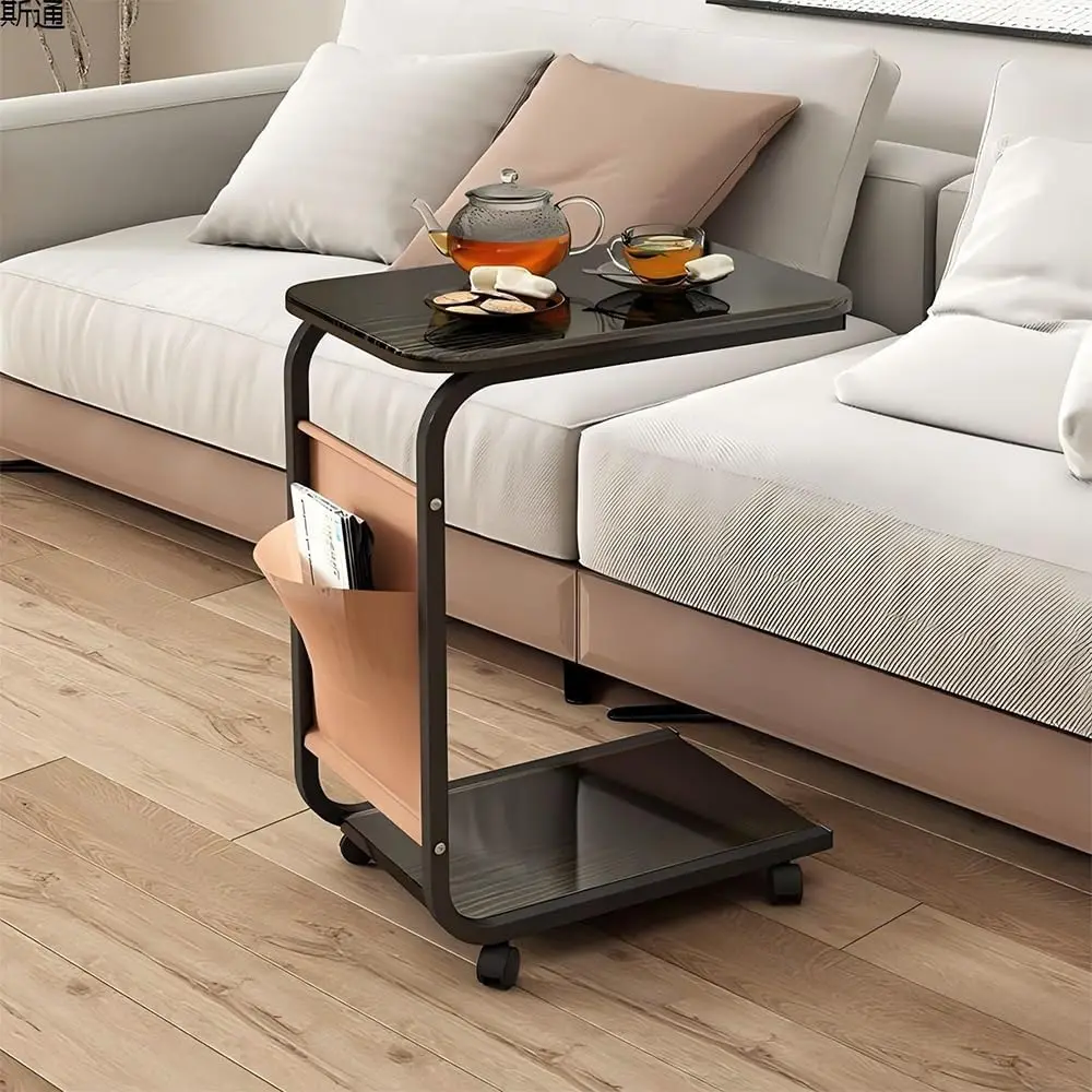 Formwell C Shaped End Table with Wheels 2 Tier Side Table with Storage Sofa Table with Metal Frame for living room bedroom