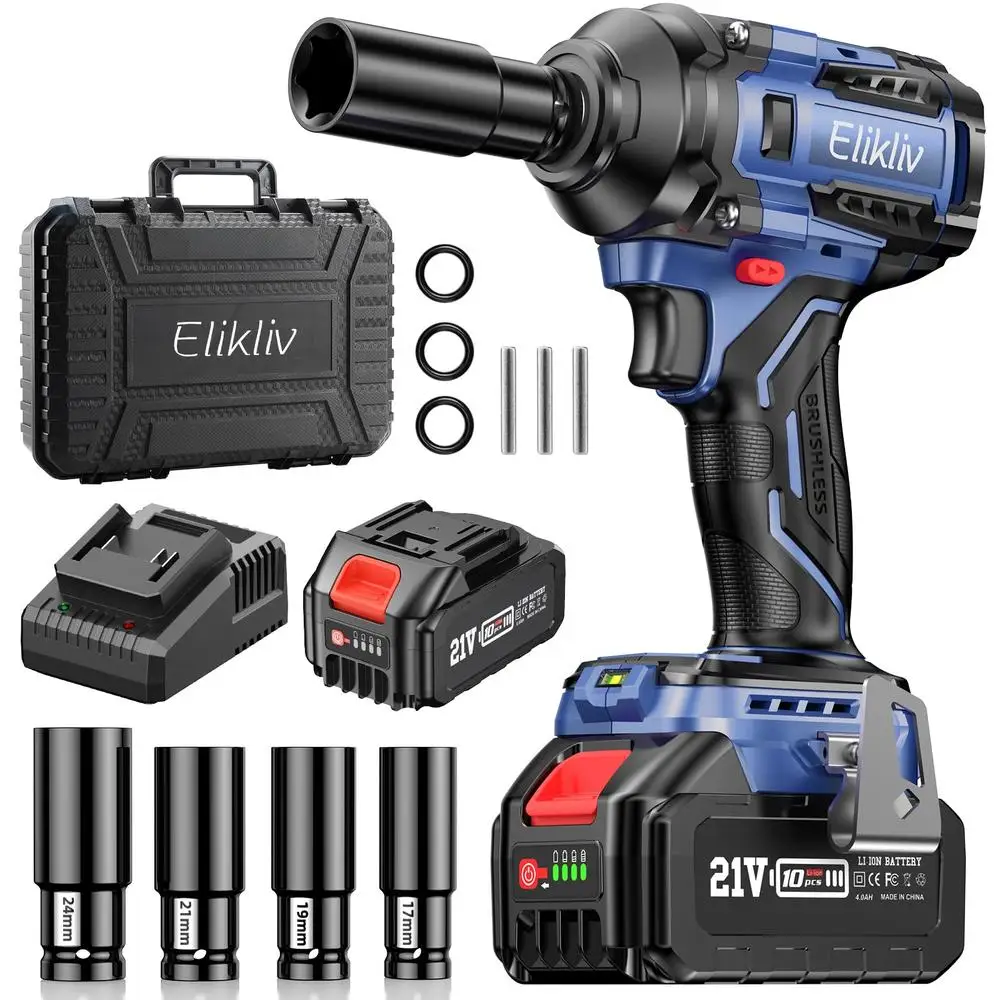 21V 3000 RPM Power Impact Wrench 1/2 inch 500Ft-lbs Max Torque Cordless Impact Gun 4 Sockets 4000mAh Battery Speed Trigger LED