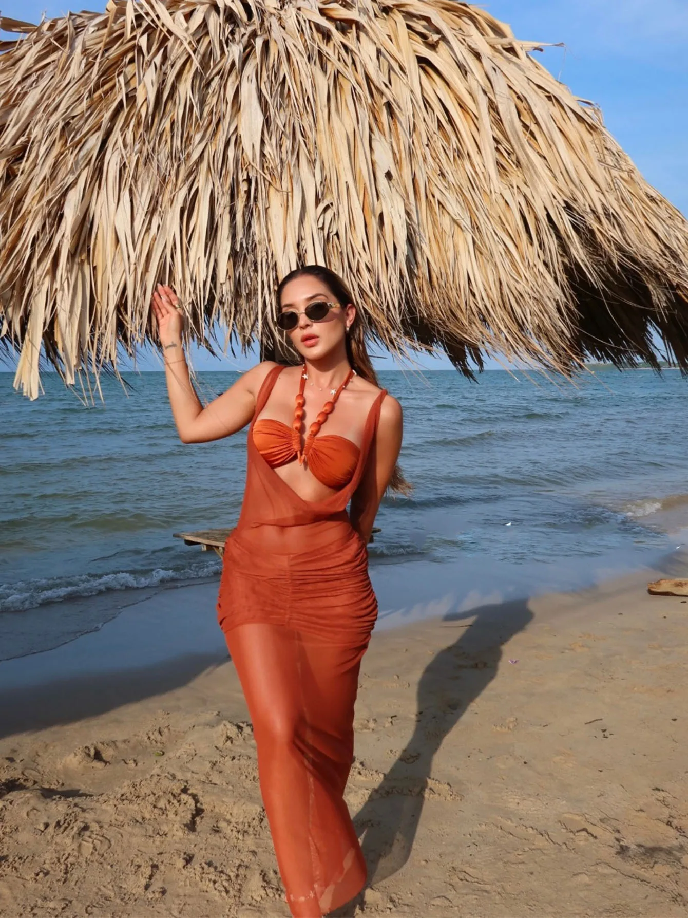 

Beads Bikini with Skirt Swimsuit Brazilan Solid Bikini Set Swimwear for Women Halter Shirring 3 Pcs Bathing Suits Summer Female