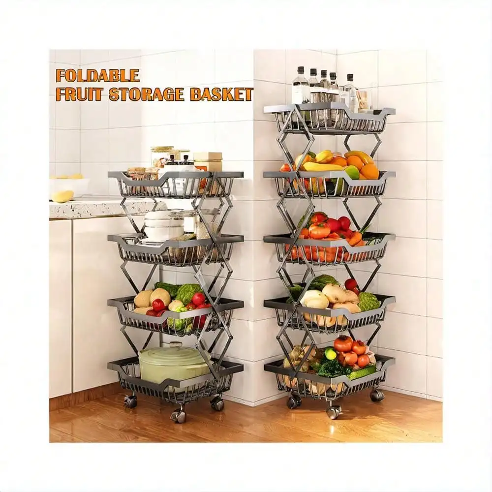 5-Tier Sturdy Fruit/Veg Storage Cart On Wheels - Foldable, Multi-Level, 360° Swivel, Easy Move