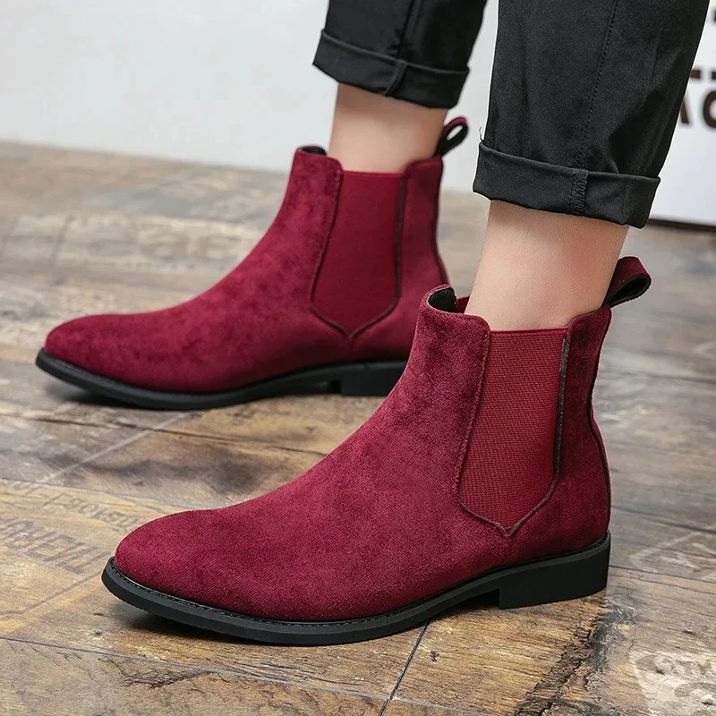 

Wine Red Men Chelsea Boots 2025 Flock Round Toe Business Boots for Men with Low Heels Slip on Men Boots Bottes Pour Hommes