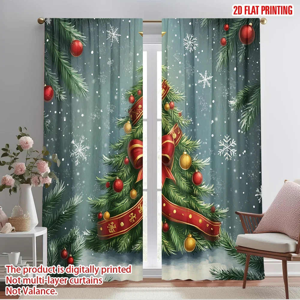 2pcs,2D plane printing Contemporary Curtains Christmas Tree Snow Ornaments_a Versatile Polyester Fabric (without rod) Room Decor