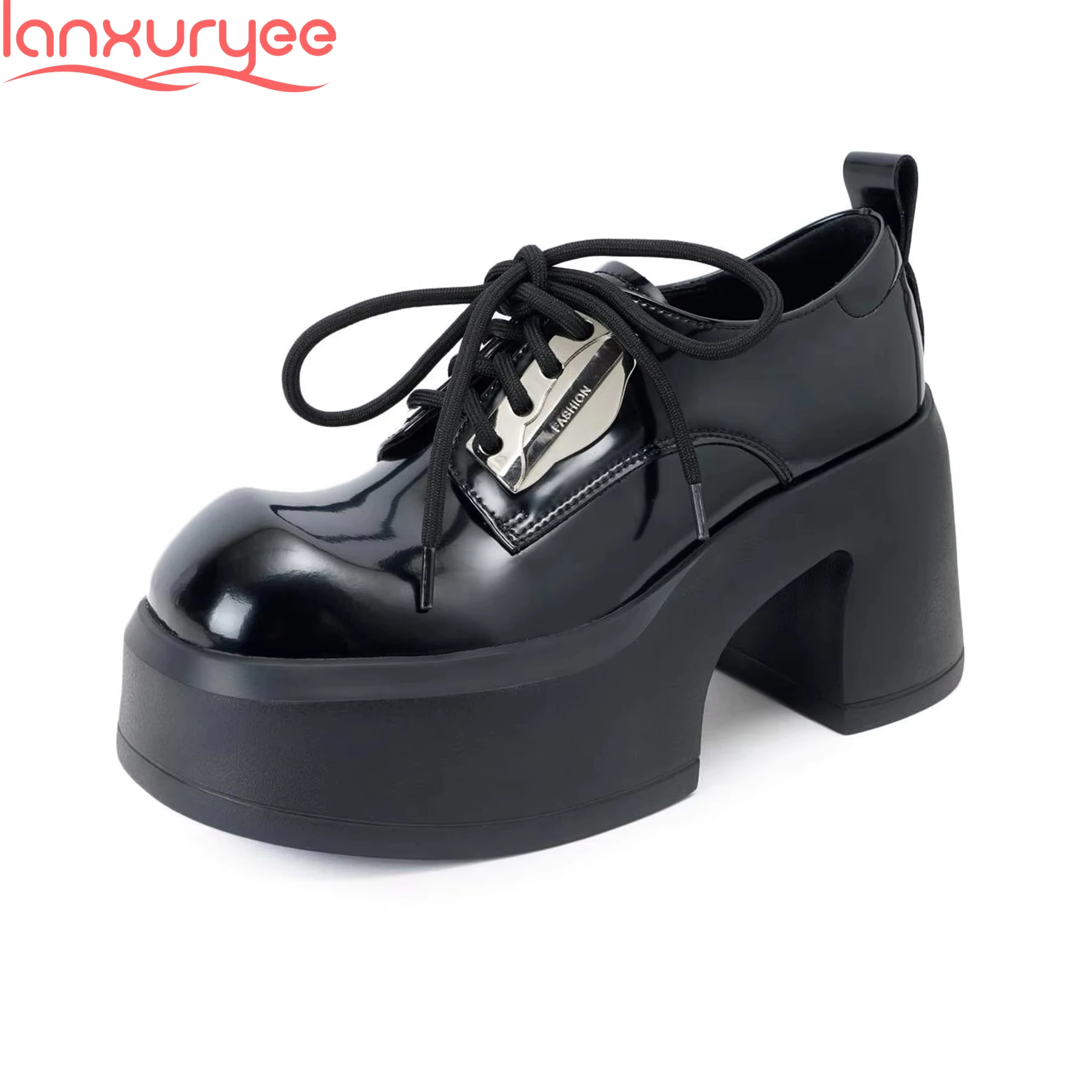 

Lanxuryee 9cm Super High Cow Leather Elegant Spring Leisure Shoes Lace Up Retro Dating Platform Increased Nightclub Women Pumps