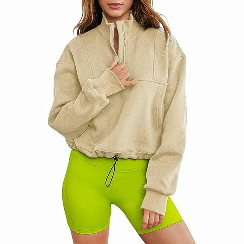 

Women's Sweatshirt Stand Collar Half Zipper Hem Drawstring Casual Fleece Tops