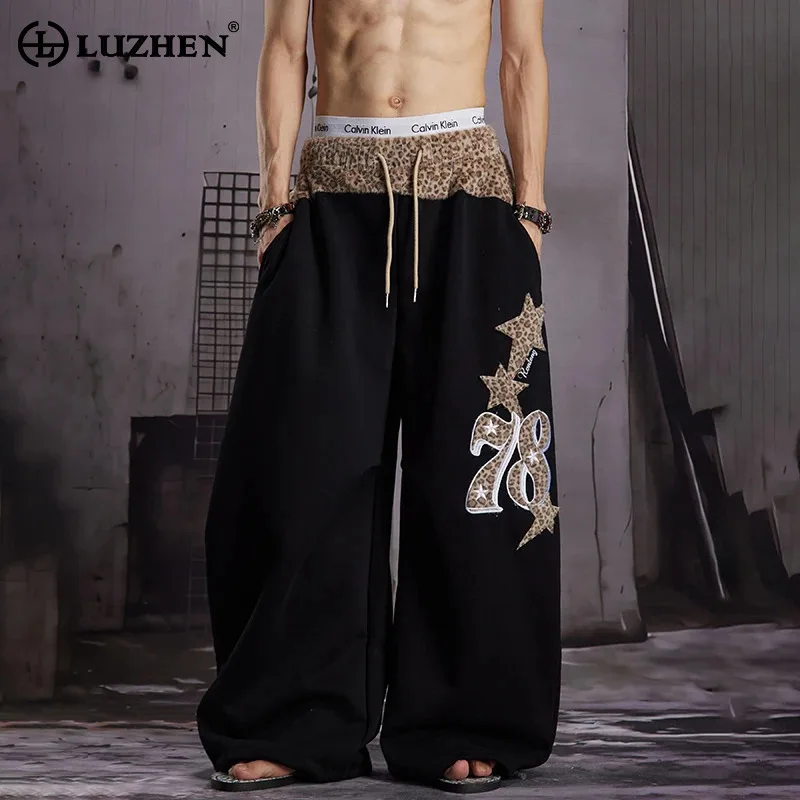LUZHEN 2026 New Trendy Leopard Patchwork Pattern Embroidery Baggy Wide Leg Sweatpants Men Handsome Elastic Waist Trousers JY9073
