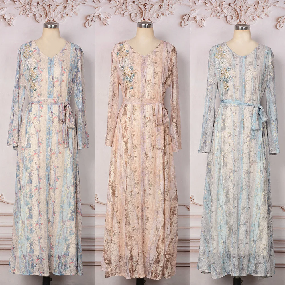 

Мусульманское платье Ид Абая Женские вечерние платья Рамадан Кафтан Бисероплетение на шнуровке Марокко Дубай Ислам Длинный халат Абая Vestidos Jalabiya