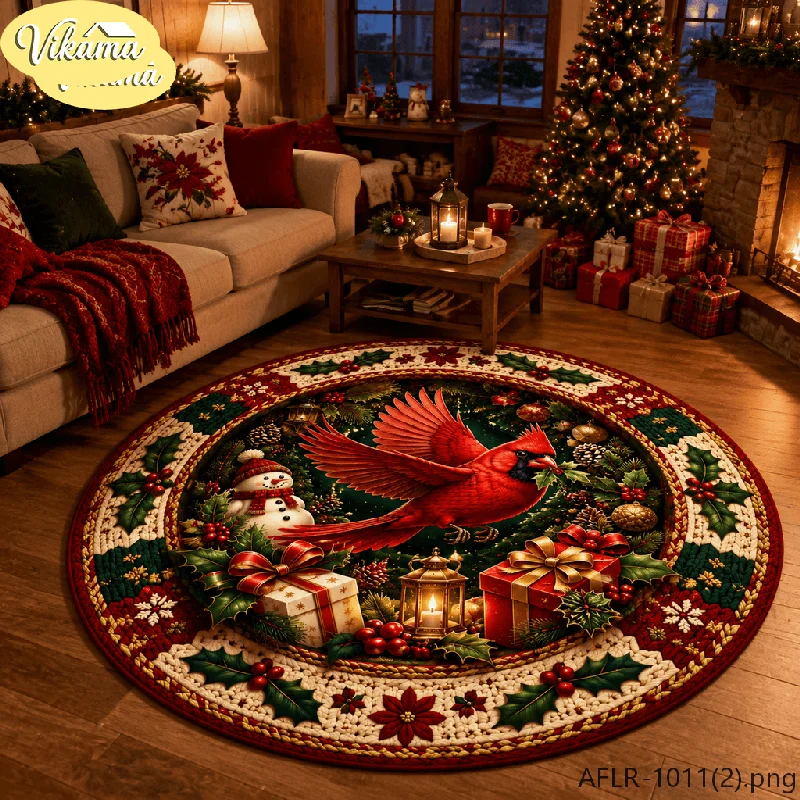 VIKAMA 3D Christmas Train Round Rug Quilted Print Round Non Slip Mat For Living Room Bedroom Kids Room Holiday Illusion Decor
