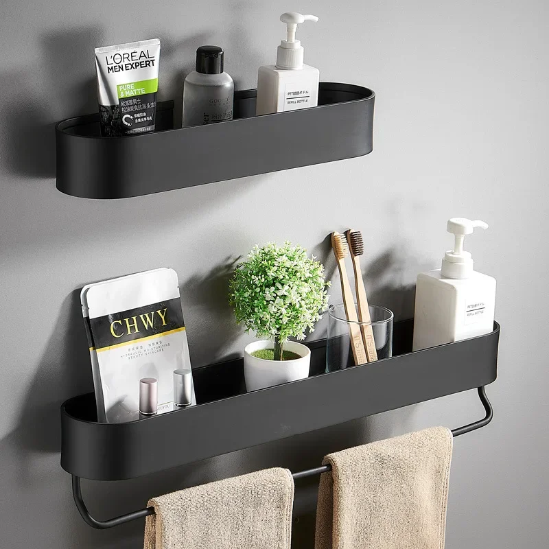 

Black Bathroom Shelf Shower Basket Kitchen Storage Rack With Towel Bar Cosmetics Wall Shelves Bathroom Accessories Racks Toilet