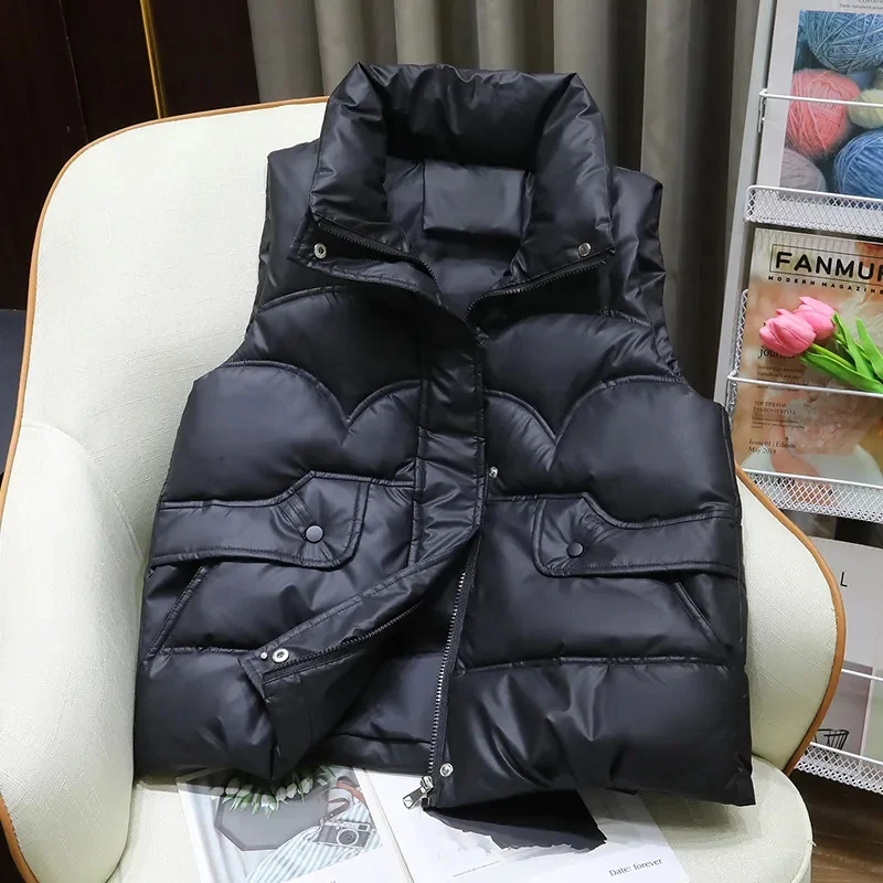 

Down Cotton Vest Women 2025 New Autumn Winter Fashion Stand Collar All-Match Warm Sleeveless Waistcoat Jacket Ladies Female Tops