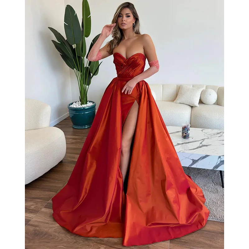 Elegantes orange rotes Ballkleid Falten Schatz formeller Abend elegantes geteiltes Party kleid für besondere Anlässe (keine Handschuhe)