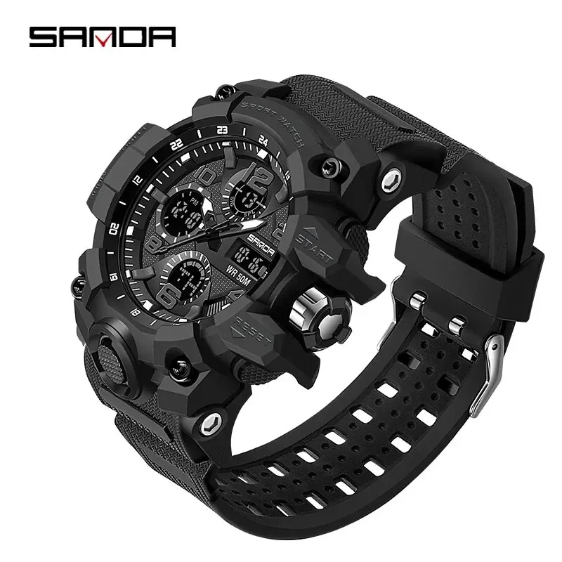 SANDA 6021 Sport Watch for Men Waterproof LED Dual Display Quartz Wristwatch Mens Digital Clock Military Stopwatch Reloj Hombre