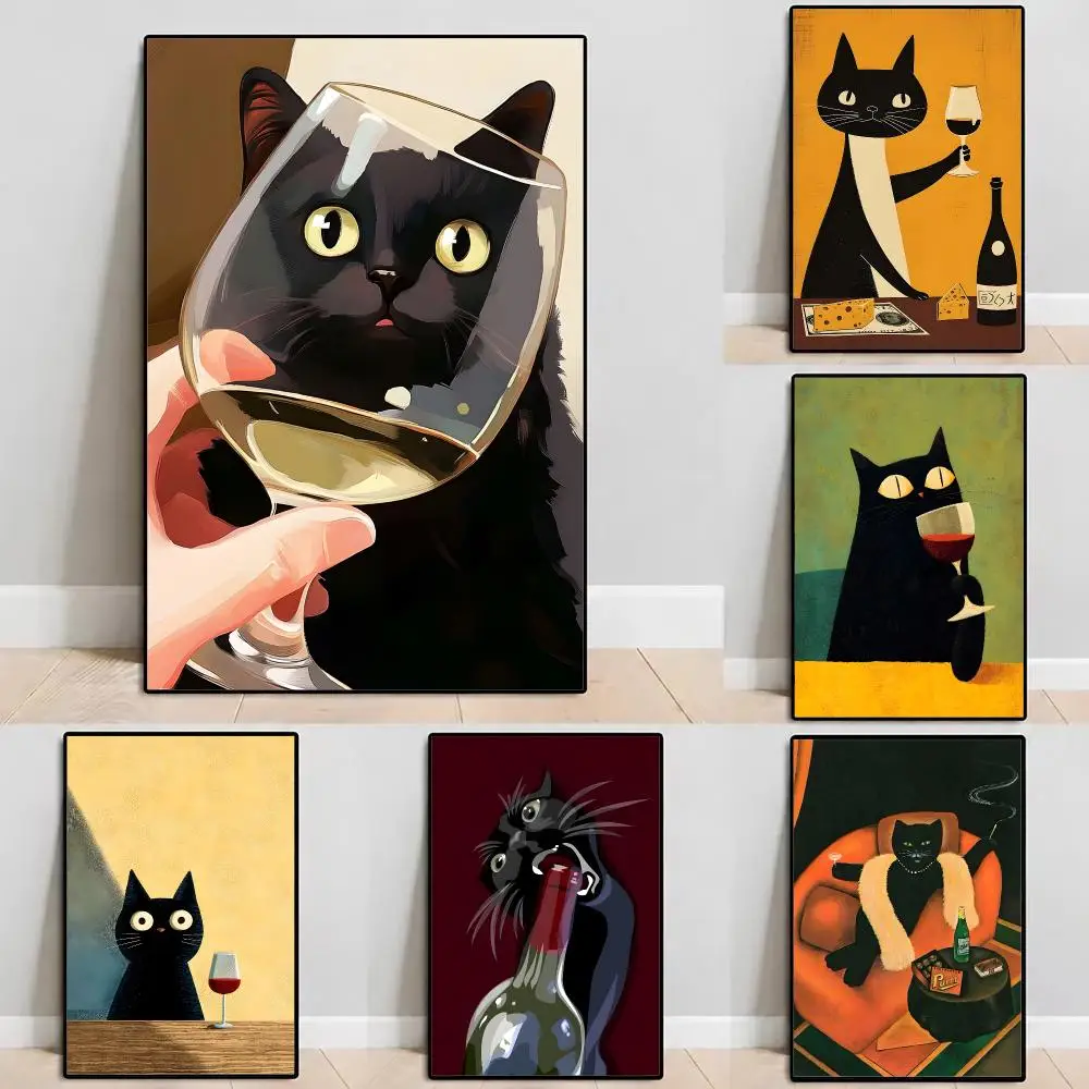 Black Cat Wine Chess Art Poster Self‑Adhesive Waterproof PP Poster Coffee House Bar Wall Art Sticker Room Home Decor