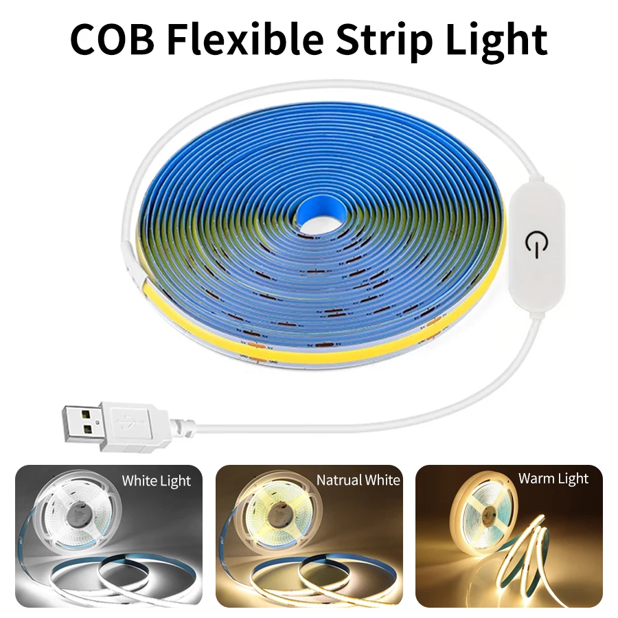 

1M/2M/3M 5V USB COB LED Strip Light 320LEDs/M Touch Dimming Flexible Light Strip for Kitchen Wardrobe Cabinet TV Stair Lighting