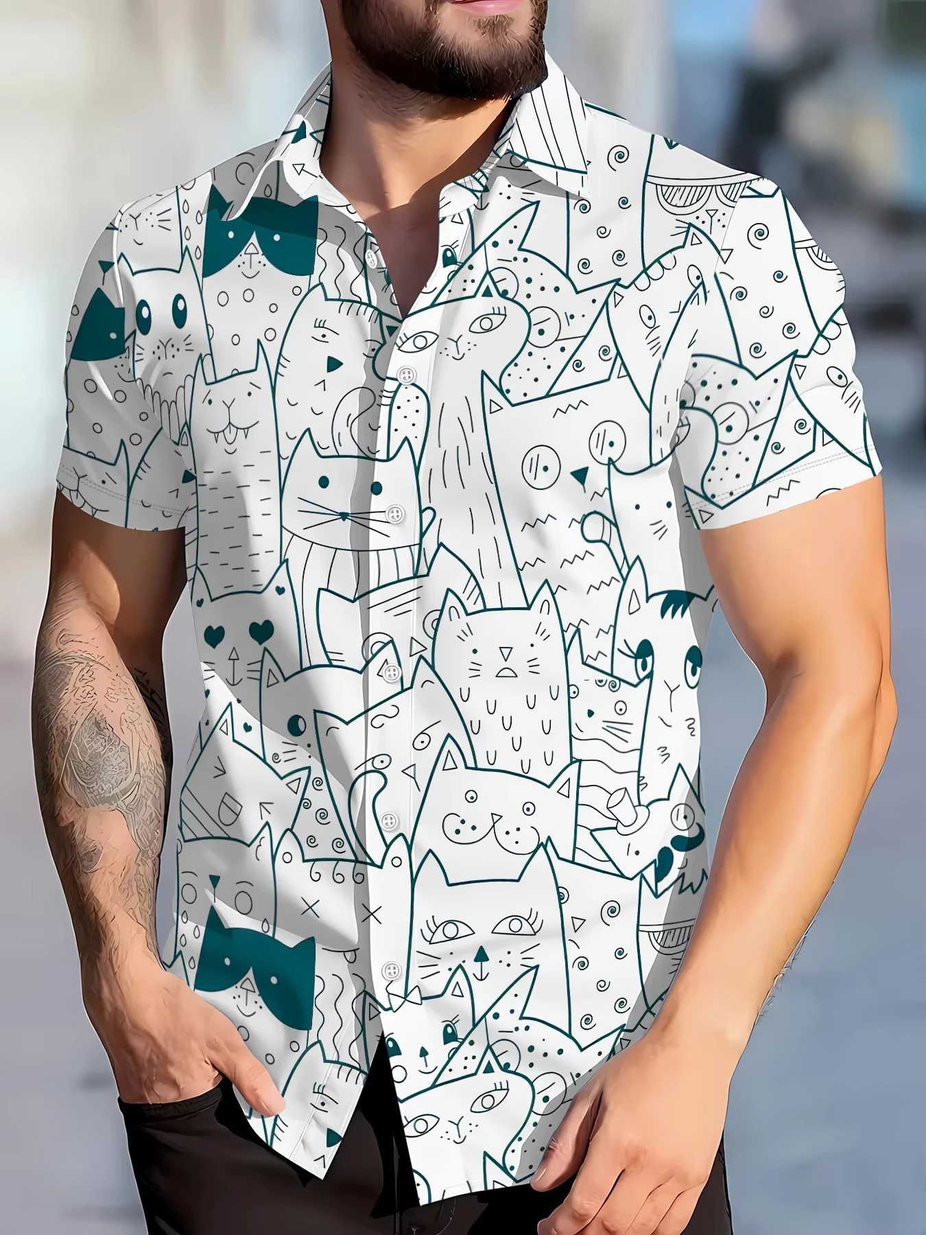 

Новая летняя мужская рубашка 2026 года с коротким рукавом и 3D-принтом в виде кошки для уличной повседневной моды: удобная и мягкая