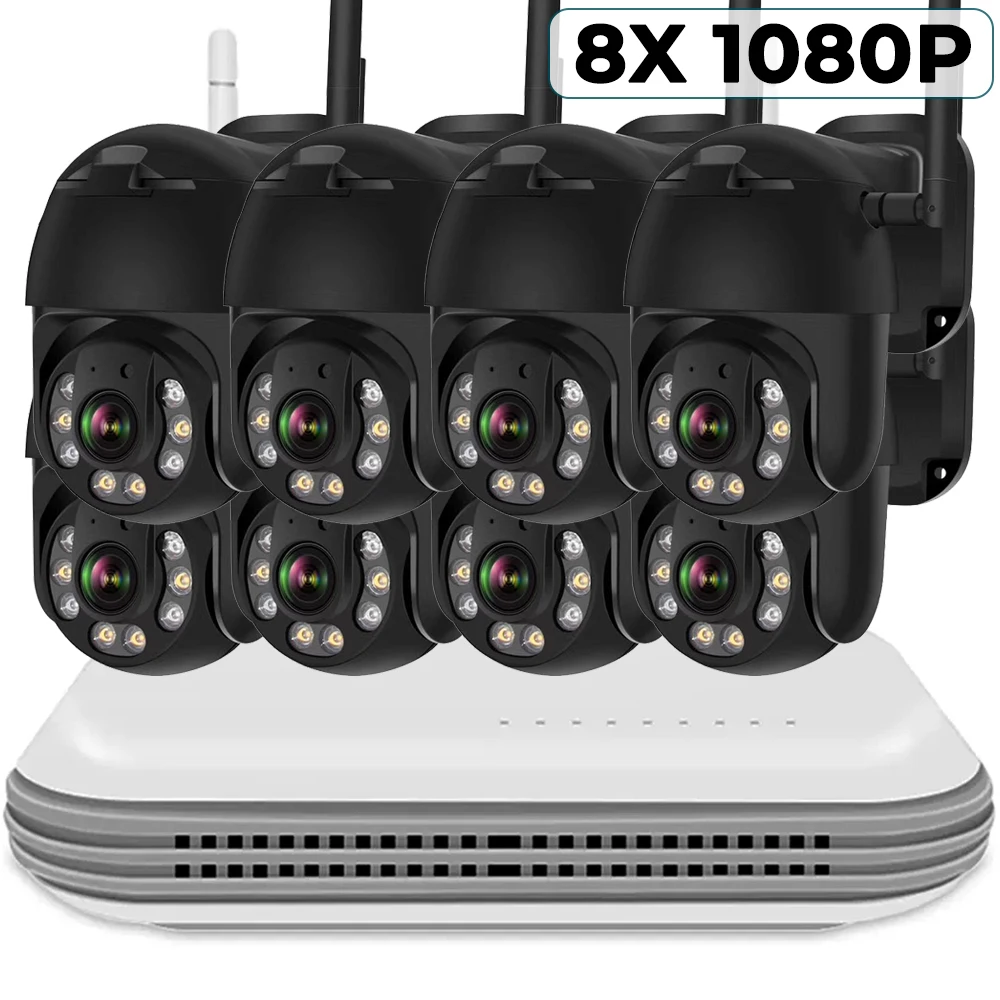 8채널 무선 보안 카메라 시스템, 실외 자동 추적 IP PTZ 카메라 세트, 인체 감지 컬러 야간 투시 WIFI NVR 카메라 키트