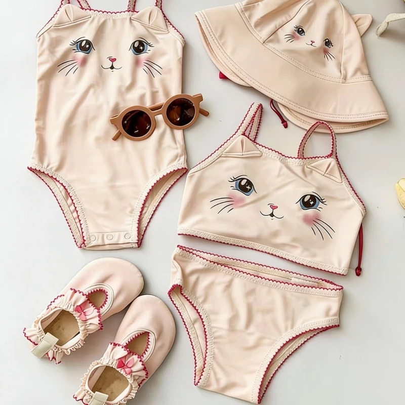 2026 Summer New Girls' One-piece and Split Cute Cat Waterproof Design Swimsuit Set