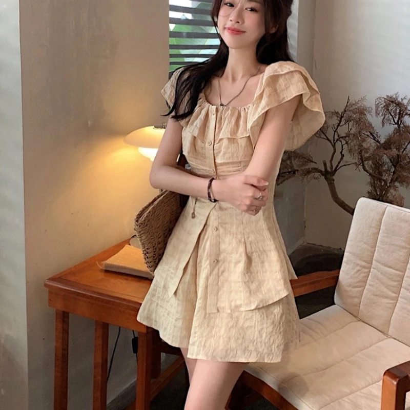 Solid Short Sets Women Summer Sweet Girls Ruffles Slash Neck Designed Korean Style High Elastic Waist Leisure Simple Abdomen