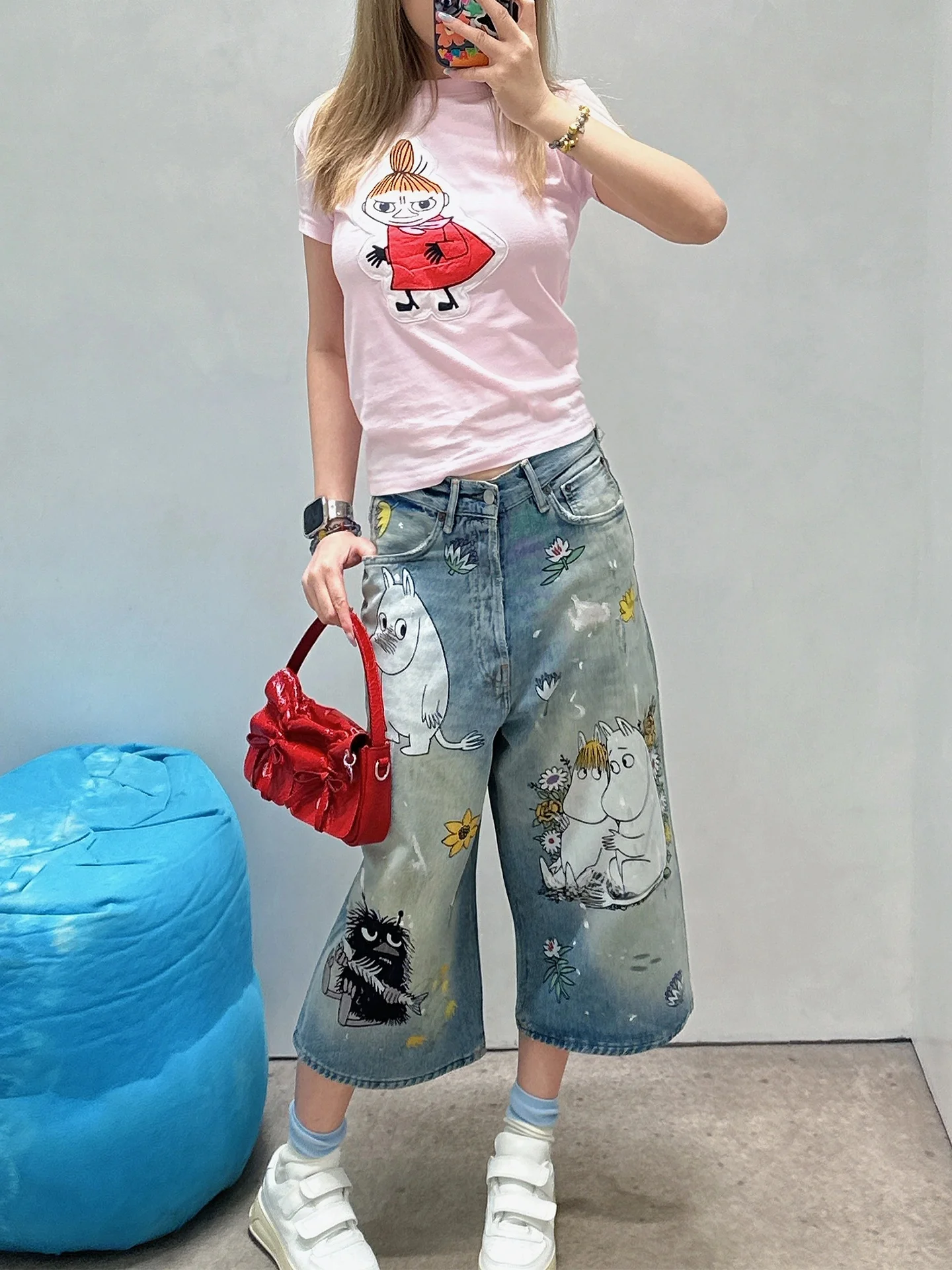 

Summer New Women's High Waist Straight Leg Jeans orts Printed Cartoon Design Casual Worn Blue Denim Fabric