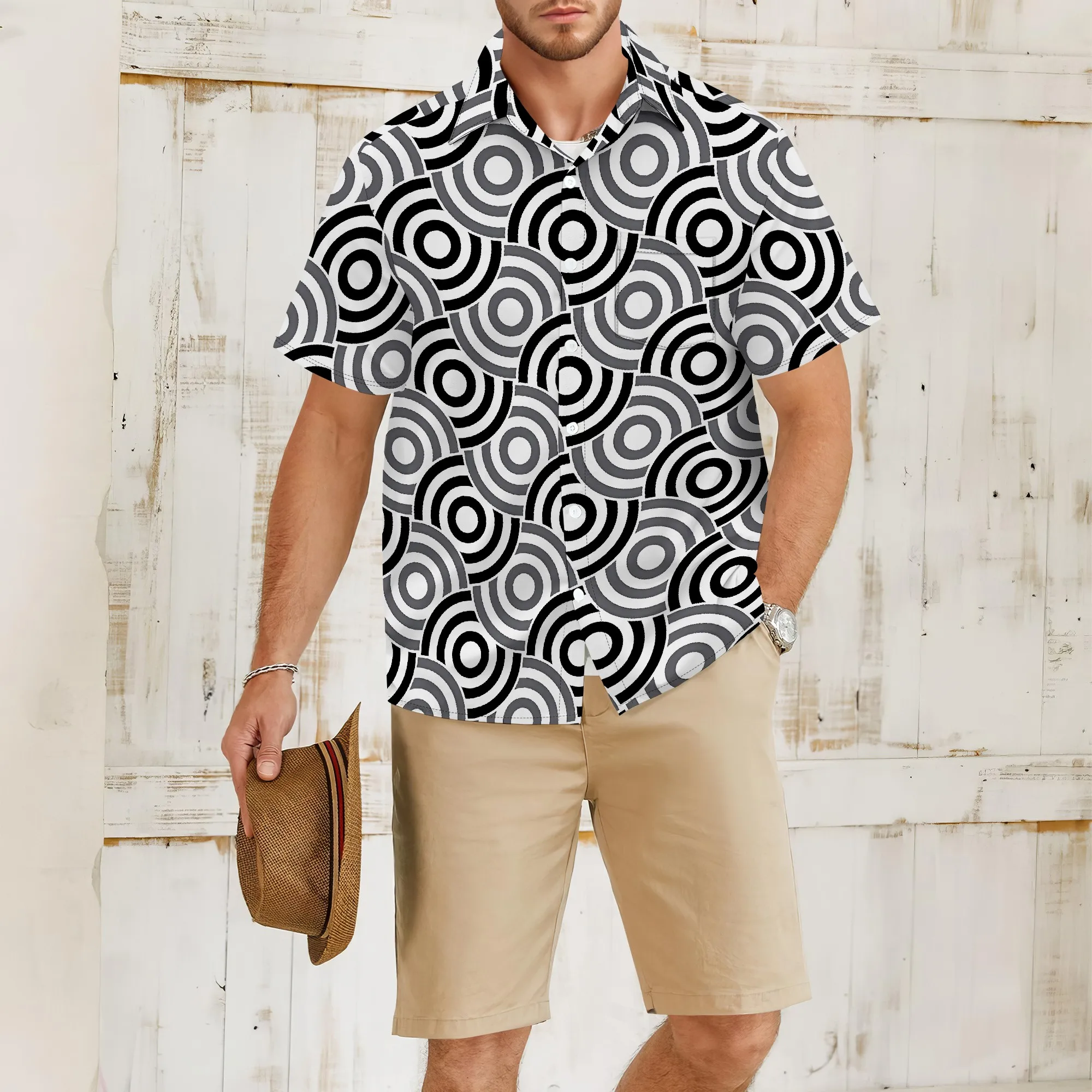 

YEAE Black White Concentric Circle Pattern Shirt for Men Summer Casual Short Sleeve Top
