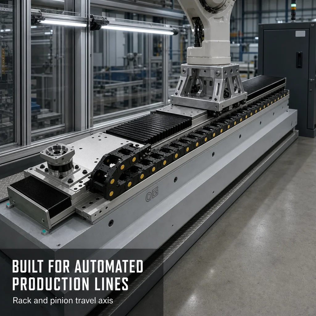 Bellows Covered Rack And Pinion Travel Axis With Dual Carriage Drag Chain And Servo Mounting For Long Stroke Automation