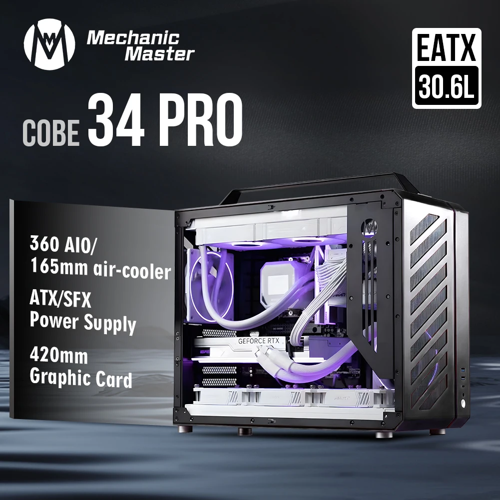 Mechanic Master C34Pro 알루미늄 합금 컴퓨터 케이스, 휴대용 360 수냉 데스크탑 하드웨어, 30.6L EATX ATX 파워, 165mm 