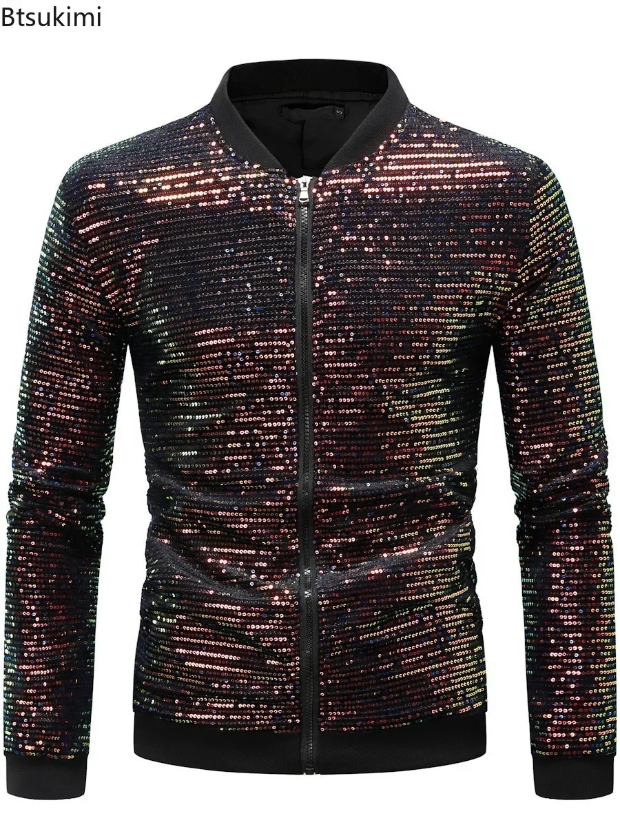 New 2026 Fashion Plaid Versatile Mens Jackets Large Size Nightclub Dance Performance Party Beaded Collar Color Collision Jacket