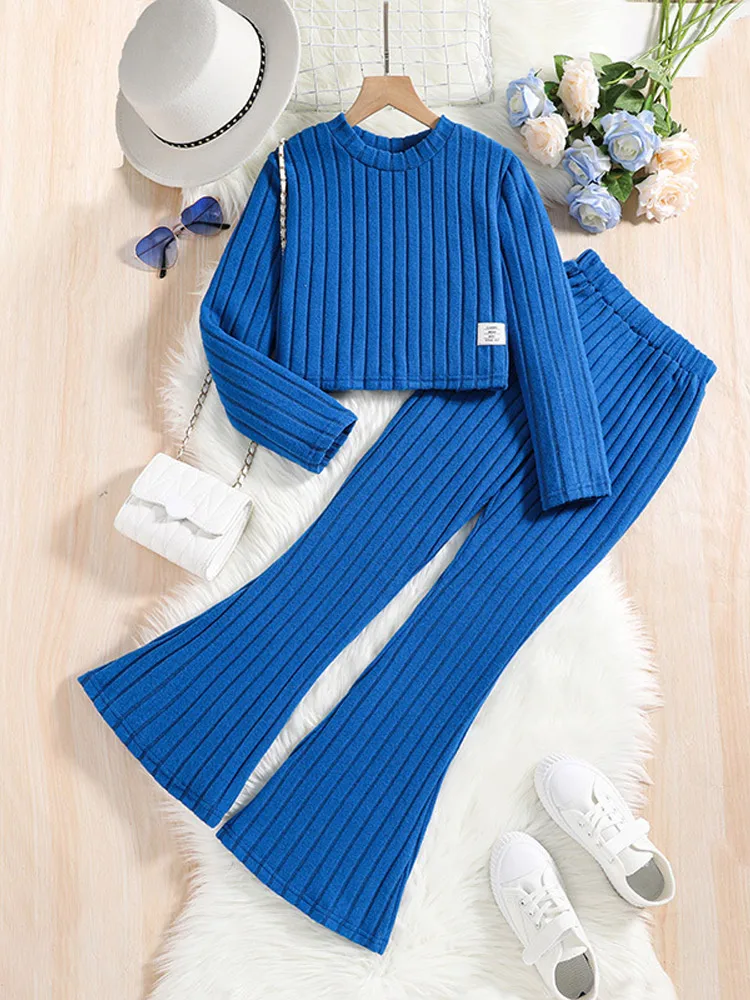 2 Pcs Kids Clothing Sets Outfits for Girls 2024 New Autumn Winter Children Fashion Knit Blue Long Sleeve Tops Flares Pant 7-14Y