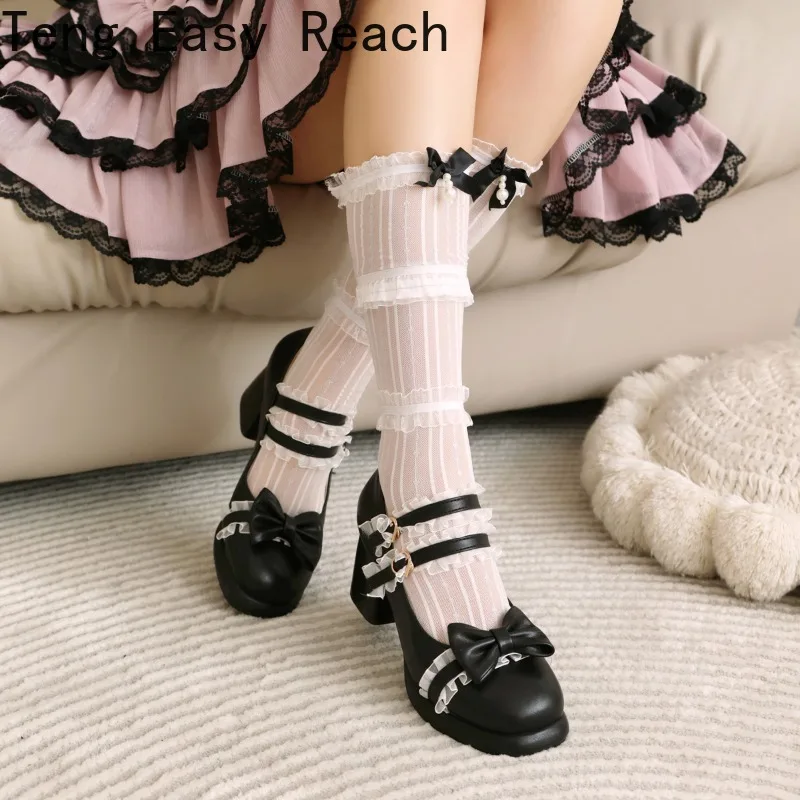 2024 Sweet Girl High Heels Mary Jane High Heels Fashion Party White Pink Black Lace Bow Princess Cosplay Lolita Shoes 33-43