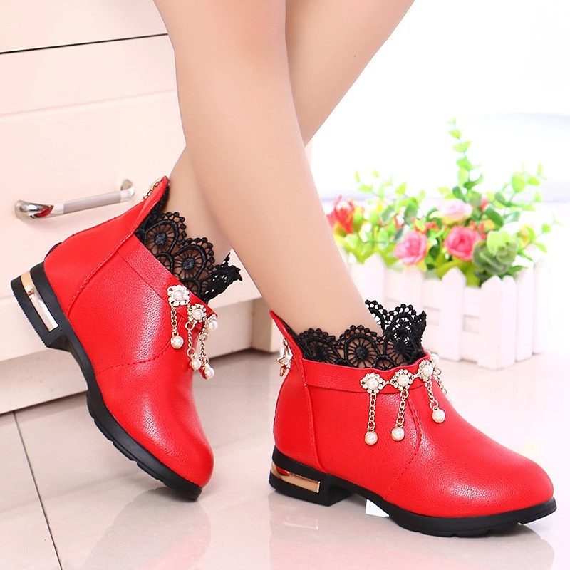 Mumoresip Autumn Winter Girls Boots Kids Ankle Boots With/Without Cotton 2 Designs Children\'s Princess Boots For Big Girl Beaded