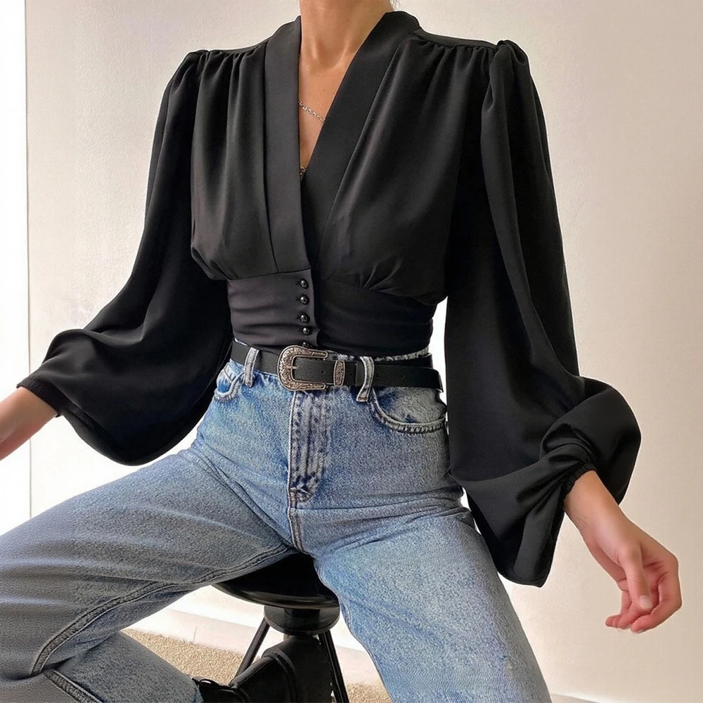 قمصان الخريف النسائية أساسيات الموضة بلون طويل الأكمام الخامس الرقبة كشكش هيم قمصان عادية