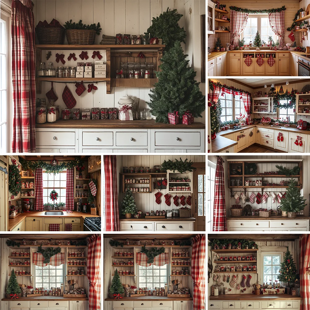 

Red and Green Christmas Kitchen Background Photography Winter Vintage Wooden Cabinet Wreath Xmas Tree Backdrop Photo Studio Prop