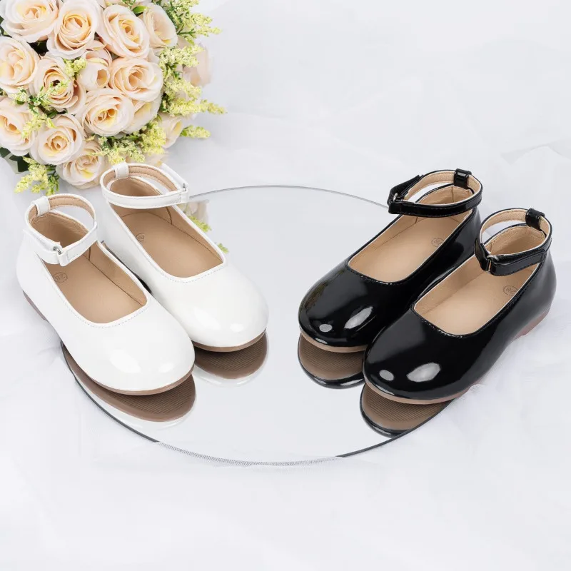 

Girls' Patent Leather Mary Jane Shoes White/Black Hook-Loop Strap Low Heel Elegant Dress Footwear for Kids Zapatos De Niña