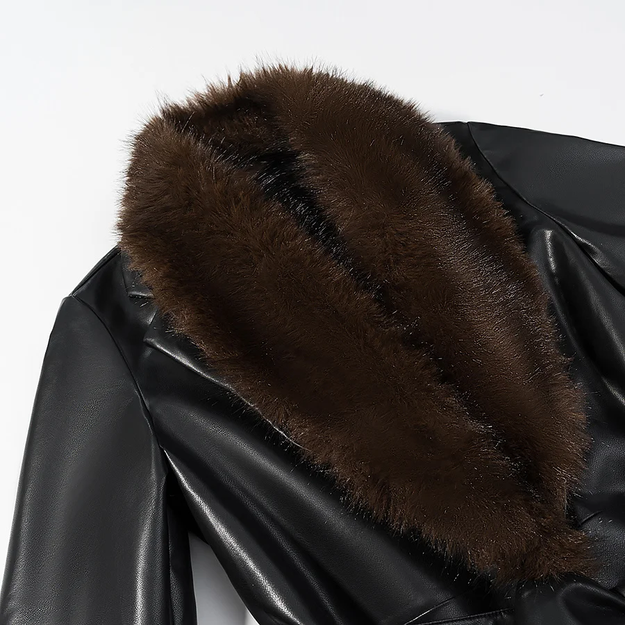 Fashionable Detachable Fur Collar Long Leather Coat Women's Clothing Autumn New Style Versatile Commute Style Polyester Fiber