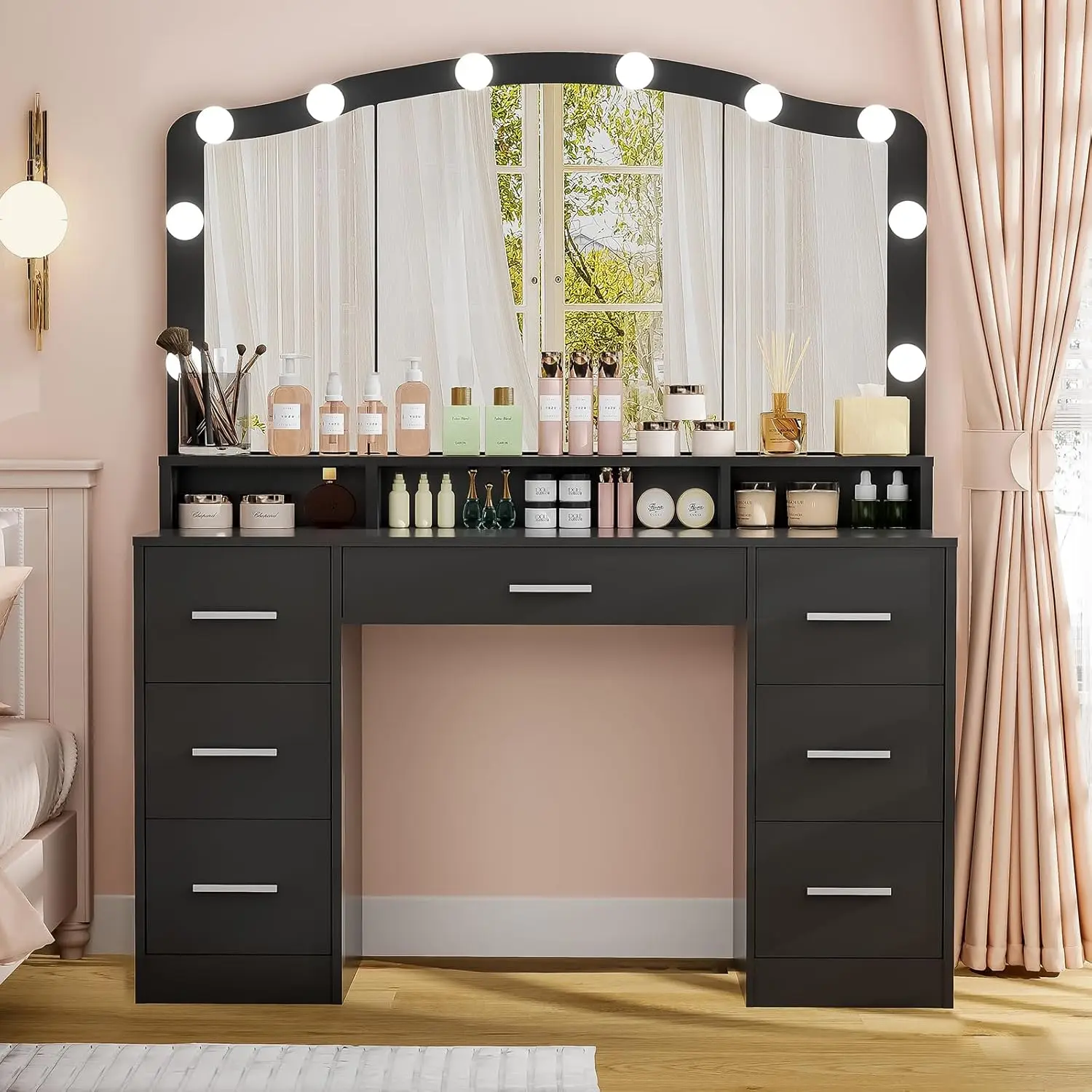 Usikey 43.3 "Vanity Desk con grande specchio illuminato, tavolo da trucco con 7 cassetti e 10 lampadine, 3 colori di illuminazione,