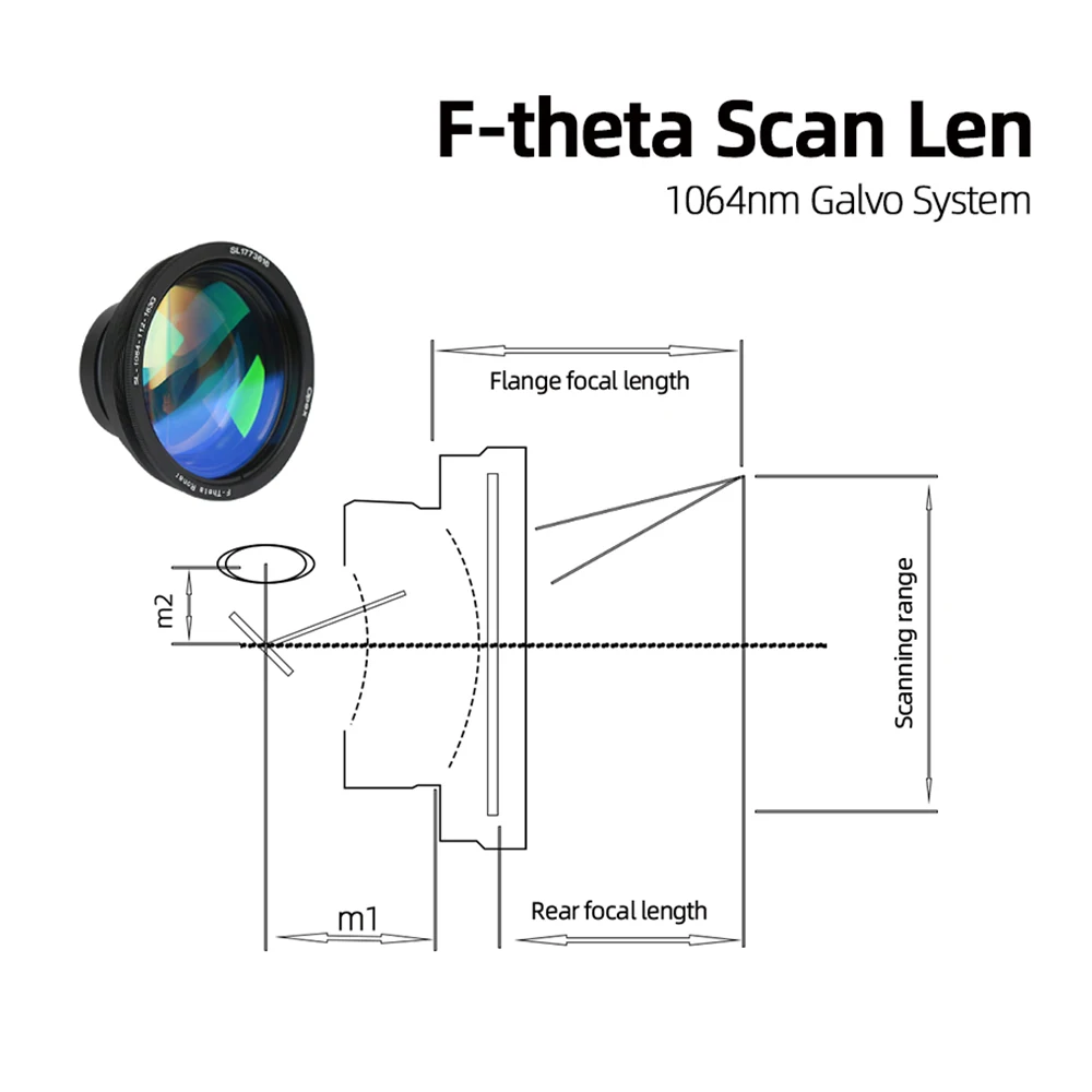 عدسة ليزر مسح F-theta 70x70 - 450x450 عدسة مجال F100-650 مم 1064 نانومتر لمواد ماكينة وسم الألياف الضوئية YAG