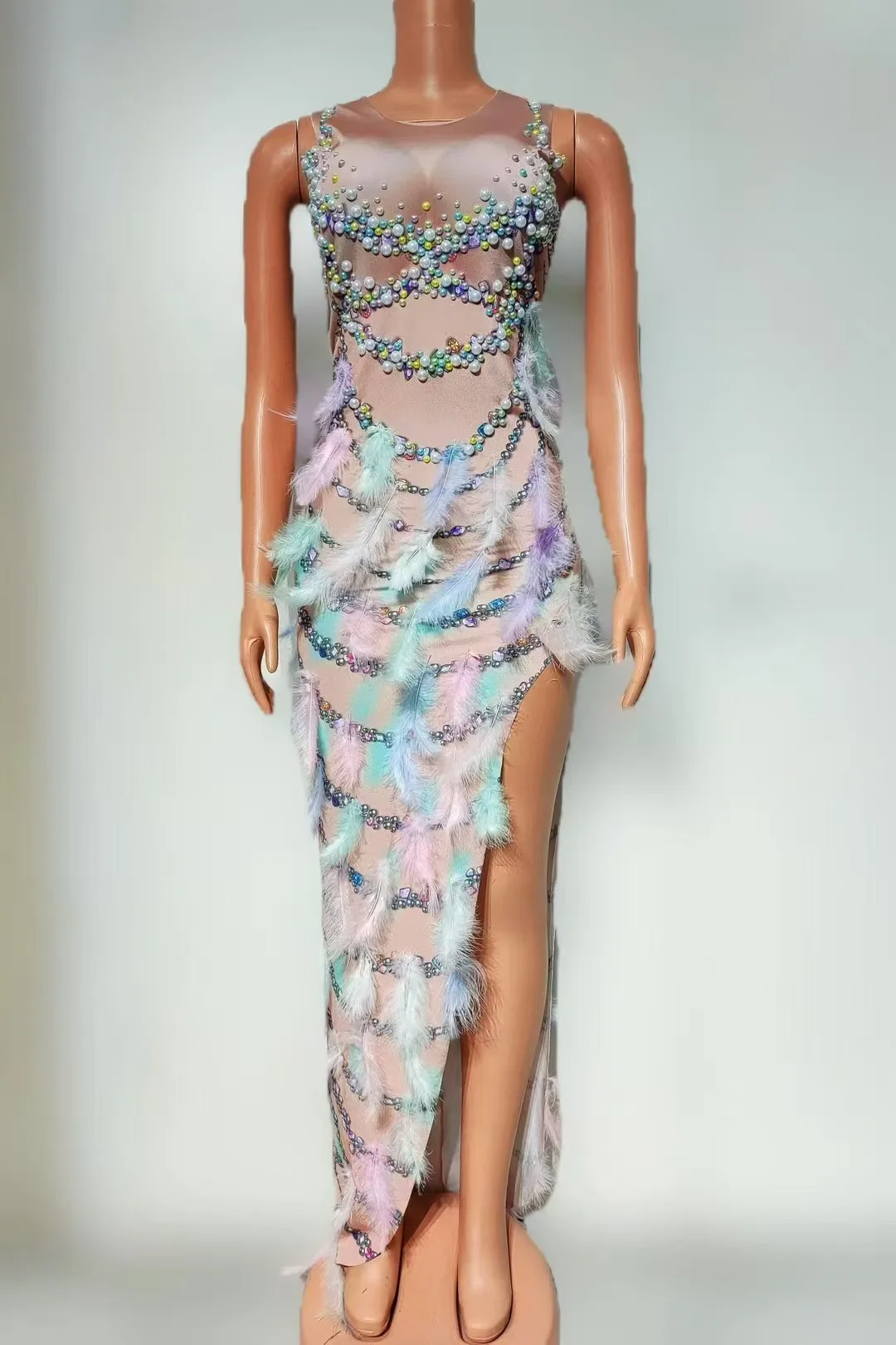 

Hiah Quality Rhinestone Feather Sexy Slit ElasticHip Hugging Dress 2025 New Fashionable CustomWomen'S Clothing A815
