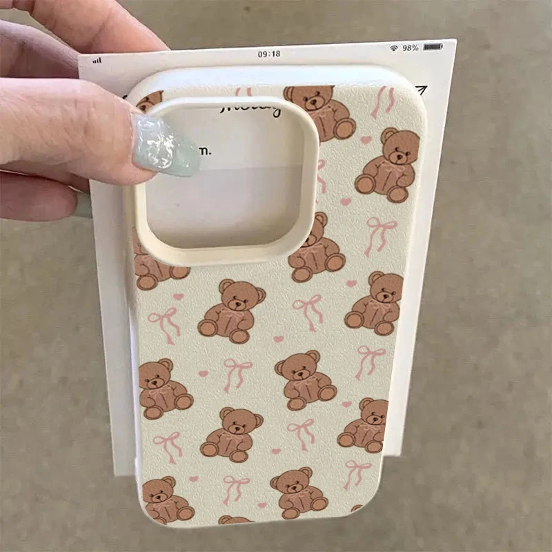 Cute Bow Tie Bear Lichee Pattern Phone Case For Samsung Galaxy S25 FE S24 Ultra S23 Plus S22 A36 A56 A55 A54 A16 A15 A35 Cover