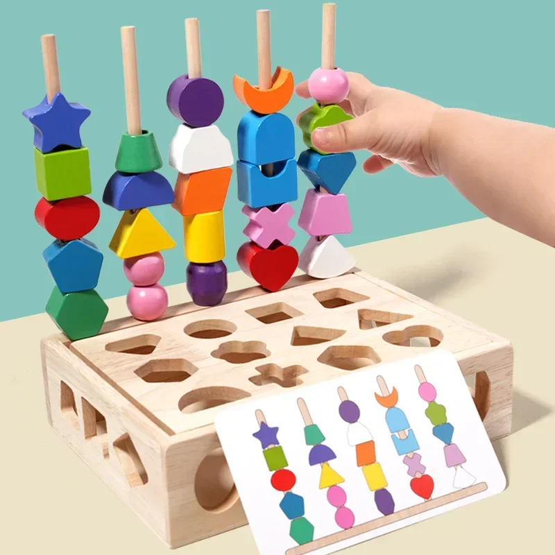 5 in1 Montessori Wooden Toys Color Shape Cognition Blocks Matching Sorting Game Beaded Early Educational Toys Gift for Children