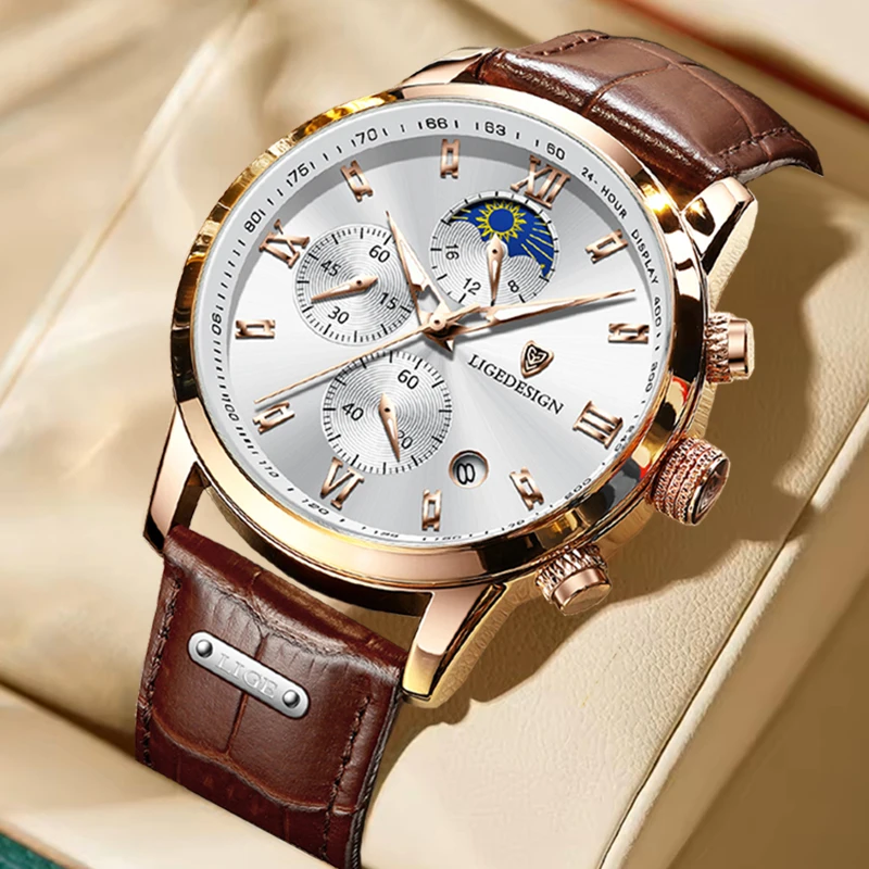 LIGE Casual Mondphasen-Quarz-Armbanduhr, modische wasserdichte Herrenuhr, Militär-Sport-Leder-Leuchtuhr, Reloj Hombre