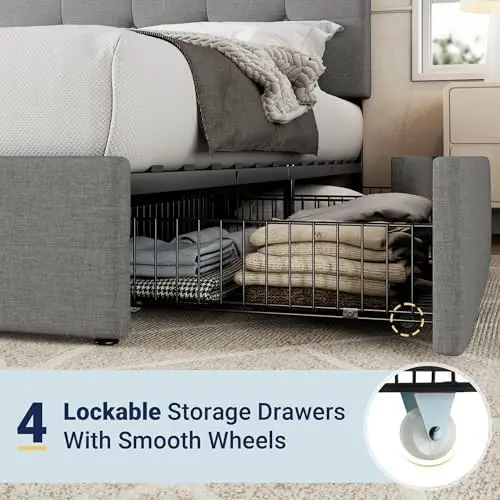 Upholstered Queen Size Platform Bed Frame with 4 Storage Drawers and Headboard, Square Stitched Button Tufted, Mattress - view 5