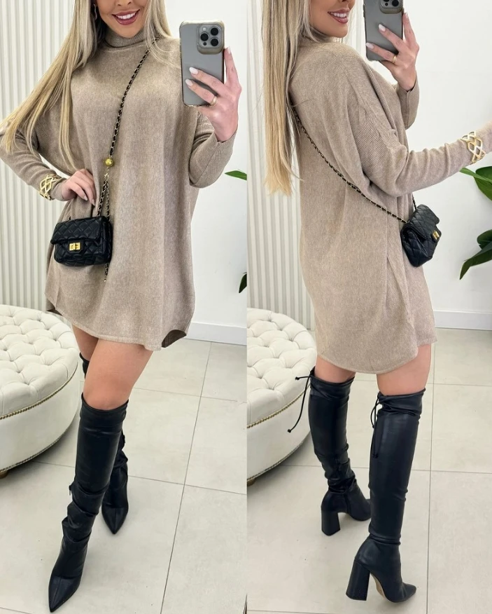 

Womens Dresses 2024 Spring Fashion High Neck Batwing Sleeve Knitted Casual Plain Long Sleeve Daily Mini Sweater Dress