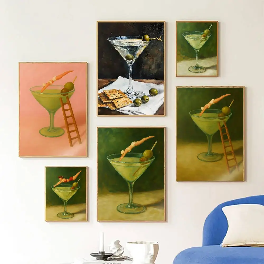 Diver Martini Glass Poster Self-adhesive Art Room Entrance Restaurant Wall Decor Art Painting