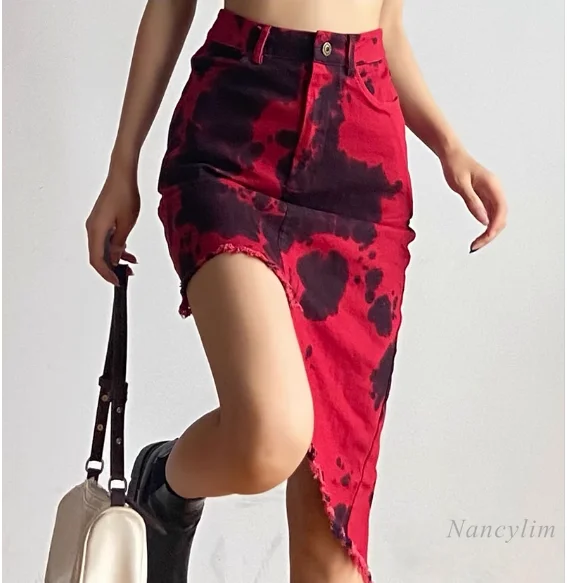 Niche High Waist Denim Skirt Women's Summer 2024 Red New Style Irregular Asymmetric Tie-Dyed Skirts Ins Jupe